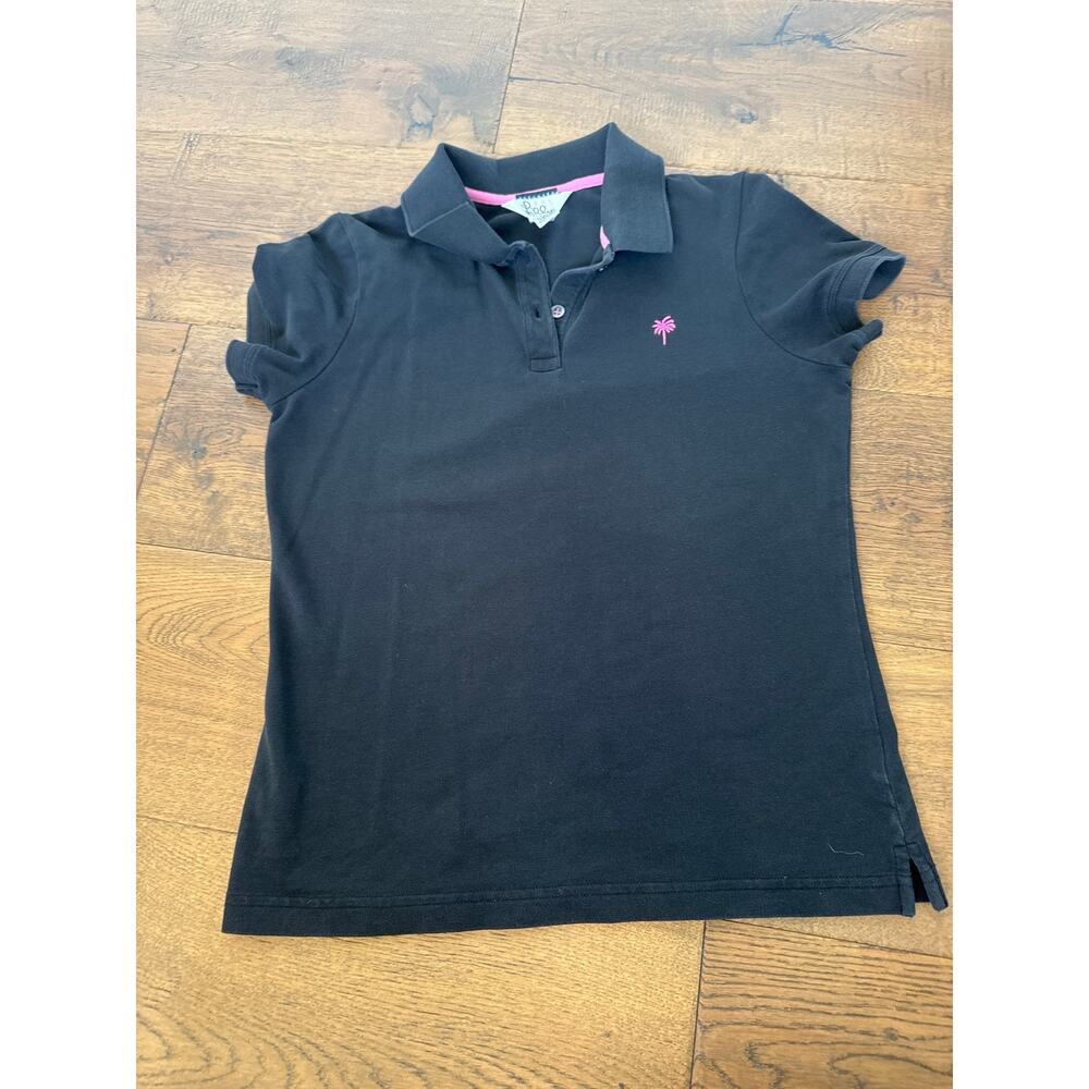 Lilly Pulitzer Black Pima Cotton Pink Palm Tree Embroidered Polo Shirt Womens L